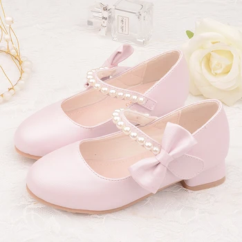 Yeni 2023 Moda Zarif Çocuk deri ayakkabı Yay Kızlar Yüksek topuklu Prenses Ayakkabı Nefes Çocuk Kız Elbise Parti düğün ayakkabısı