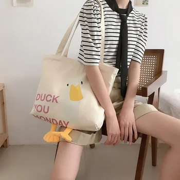 Yeni Büyük Kadın Omuz Alışveriş Çantası Sevimli Ördek Karikatür Baskı Rahat Kawaii Tuval Tote alışveriş çantası Pamuklu Bez Eko Çanta