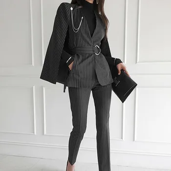 Yeni Pist İki Parçalı Set Kadın Zarif V Yaka Şerit Şal Pelerin Kollu Blazer ve Ofis Bayan Tam Boy Kalem takım elbise