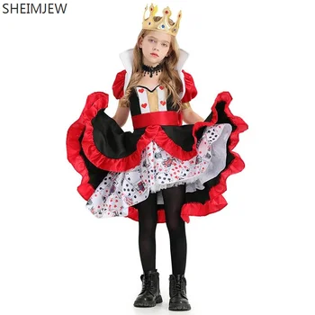 Yeni Poker Kraliçe Cosplay Kostüm Çocuklar Kızlar İçin Alice İn Wonderland Şeftali Kalp Kraliçe Poker Baskılı Elbiseler Karnaval Parti Elbise