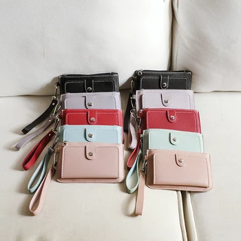 Yeni PU Deri Unisex Lychee Desen Fermuar bozuk para cüzdanı Ultra-ince Kısa Kart Para Anahtar saklama çantası Mini Çanta