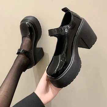 Yeni Siyah Tıknaz Platformu Pompaları Kadınlar için Süper Yüksek Topuklu Toka Kayış Ayakkabı Kadın Goth Kalın Topuklu parti ayakkabıları Bayanlar