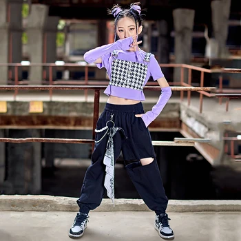 Yeni Çocuk Caz Kostüm Kızlar Modern Dans Elbise Kırpılmış Mor Üstleri Siyah Hip Hop Pantolon Podyum Sokak Dans Kıyafetleri BL8118