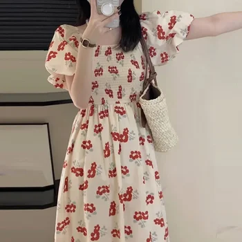 Yeni Şık Puf Kısa Kollu Elastik Bel Parti Elbiseler Casual Şifon Çiçek uzun elbise Kadınlar için Yaz Kore Elbise 27251