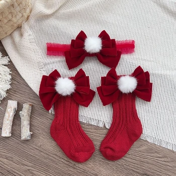 Yenidoğan Bebek Noel Çorap saç bandı seti Sevimli Örgü Yay Prenses Çorap Üniforma Tüp Çorap Bebek Duş Hediyeler