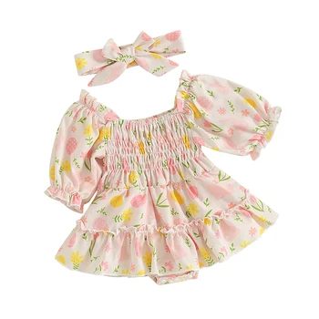 Yenidoğan Sevimli Bebek Kız Kıyafet Paskalya Romper Elbise Çiçek Tavşan Yumurta Baskı Tulum Kafa Bandı ile Giysi