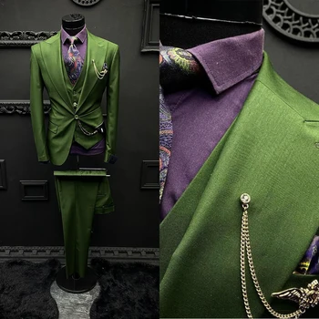 Yeşil erkek Takım Elbise 3 Adet Blazer Yelek Pantolon Bir Düğme Doruğa Yaka Smokin İş Parlak Modern Düğün Damat Kostüm Homme