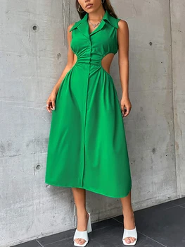 Yeşil Hollow Out kadın Elbise İnce Elastik Bel Turn Down Yaka Kolsuz Yaz Elbiseler 2022 Tatil Tatil Elbise