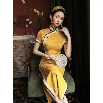 Yourqipao Çin Geleneksel Sarı Cheongsam Abiye 2023 Yeni Geliştirilmiş Retro High-end Uzun Qipao Hanfu Etek Kadınlar İçin