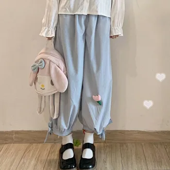 Yumuşak Kız İlkbahar ve Sonbahar kadın 2024 Yeni Japon Lolita Sevimli Küçük Çiçek Kadife Yüksek Bel Sıkı Gevşek Rahat Pantolon