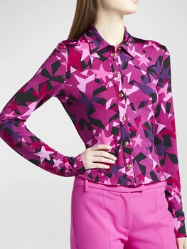 YÜKSEK SOKAK Yeni 2024 tasarımcı bluzu kadın Uzun Kollu Renk Bloğu Geometrik Baskılı Gömlek