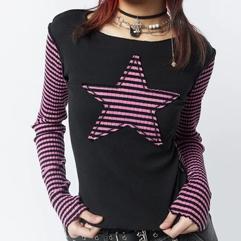 Yıldız Yamalı Çizgili Uzun Kollu T-shirt Harajuku Grunge O Boyun Slim Fit Kırpma Üstleri E-kız Gotik Merkezi Goth Tees y2k Streetwear