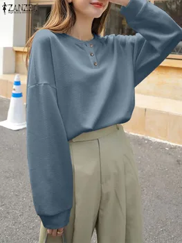 ZANZEA 2023 Sonbahar Yarım Düğme Bluz Kadınlar Yuvarlak Boyun Kore Uzun Kollu Basit Üstleri Düz Renk Blusas Moda Tüm Maç Tunik