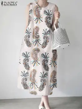 ZANZEA Kadınlar Yuvarlak Boyun Elbise Büyük Boy Kolsuz Casual Paisley Çiçek Baskı Sundress Tatil 2023 Yaz A-line Midi Elbiseler