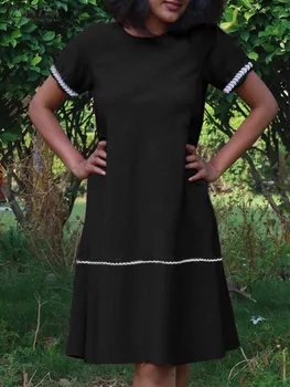 ZANZEA Rahat 2024 yaz elbisesi Vintage İşlemeli Dikiş Elbise Moda Kadınlar Katı Mini Sundress Tatil Kısa Kollu Elbise