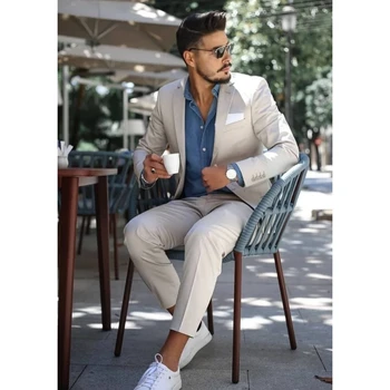 Zarif Bej Bir Düğme Erkekler 2 Parça Takım Elbise (Blazer + Pantolon) rahat Erkek Parti Giyim Damat Düğün Smokin Slim Fit Takım Elbise Seti Erkekler İçin