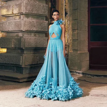 Zarif See Through Mavi A-line Balo Elbise 3D Çiçek Uzun Örgün Maxi Elbise Yüksek Boyun Yaz Kadın Ruffles Tül Robe De Mariee