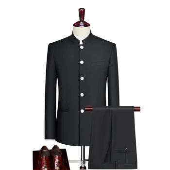 Zarif Takım Elbise Erkekler İçin Moda Çin Tarzı Standı Boyun Siyah Gri Damat düğün elbisesi Erkek Mao Takım Elbise 2 Parça Setleri Blazer Ve Pantolon