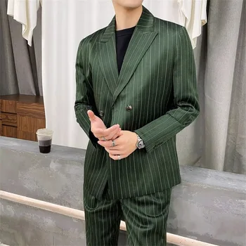 Zeytin Yeşili Çizgili Erkek Takım Elbise Kruvaze Doruğa Yaka Balo Blazer Kostüm Homme Terno Masculino Damat 2 Adet (Ceket + Pantolon)