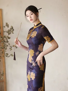 Çin Tarzı Cheongsam Elbise Kadınlar Vintage Kısa Kollu Zarif Çiçek Baskı Standı Yaka Qipao