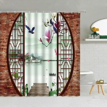 Çin Tarzı Ekran Bahçe Baskılı Duş Perdesi Pavilion Çiçek Kuş Ağacı Manzara Banyo Dekorasyon Su Geçirmez Kumaş