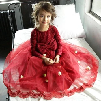 Çiçek Kız Elbise Kırmızı Tül Dantel Aplikler Yay İle Uzun Kollu Düğün Doğum Günü Ziyafet Prenses Abiye