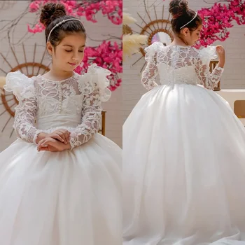 Çiçek Kız Elbise Prenses Topu İlk Communion Elbise Çocuklar Sürpriz doğum günü hediyesi Beyaz Uzun kollu Tül Dantel Baskı