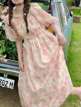 Çiçek yaz elbisesi Kadın Puf Kollu Fransız Tarzı Midi Tatil Zarif Hotsweet Kadın Günlük Tüm Maç Ulzzang Basit Popüler