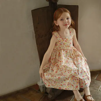 Çocuk giyim Kız Parantez Etek Yaz Çocuklar Kore Pamuk Kare Yaka Baskılı Yelek Elbise Kız Plaj günlük elbiseler