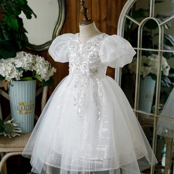 Çocuk Parlak Pullu tül gece elbisesi V Yaka Puf Kollu Katmanlı Çiçek Kız Elbise İlk Communion Elbise 2-12 Yaşında