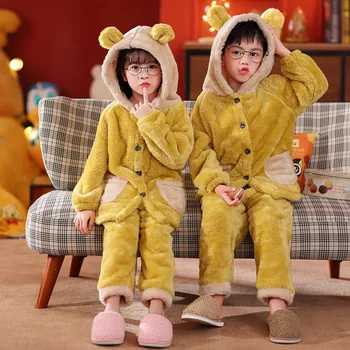 Çocuk Pazen Pijama Erkek Kız Yeni Kalın Sıcak Çizgi Film Kapşonlu üst ve pantolon Gecelik Setleri 2020 Sonbahar Kış Pijama Takım Elbise