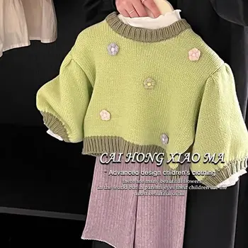 Çocuk Setleri Kore Giyim Kız Sonbahar Sezonu Yeni Moda Zıt Renkler Örgü Kazak Yuvarlak Yaka Tatlı
