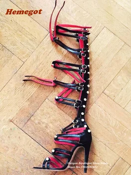 Çok metal tokalar Sandalet Diz Yüksek Sivri Burun Stiletto Topuklu Yaz Sandalet Kadınlar için 2023 Yeni Artı Boyutu 46 parti ayakkabıları Seksi