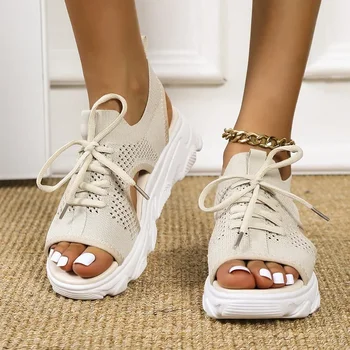 Örgü Kadın Sandalet Yaz Ayakkabı Kadınlar için Trend Dantel-up platform sandaletler Burnu açık Plaj Rahat Topuklu Sandalet Sandalias De Mujer