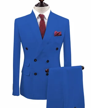 Özel Erkek Takım Elbise Slim Fit 2 adet Gri / Mavi / Kırmızı Kruvaze Ceket Smokin Blazer Pantolon Düğün Parti Giyim Ceket + Pantolon