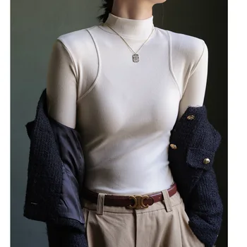Şık Kadın Temel T-shirt Uzun Kollu Yarı Balıkçı Yaka Klasik Tee Üstleri Kadife Sonbahar Kış Sıcak Elastik Kazak Moda
